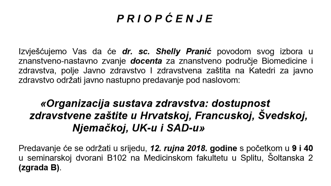 12.9.2018. Javno nastupno predavanje dr. sc. Shelly Pranić